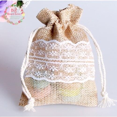 8.5x11cm 50Pcs Lace Natural Jute Burlap Drawstring Bag Jewelry Gift Candy Bag Home Decoration Wedding Party Decoration Supply