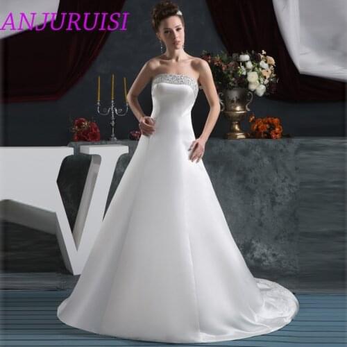 ANJURUISI Strapless Elegant Beaded A Line Wedding Dresses 2020 robe de mariage Satin Bridal Dress 2019 Pleat Vestido De Novia