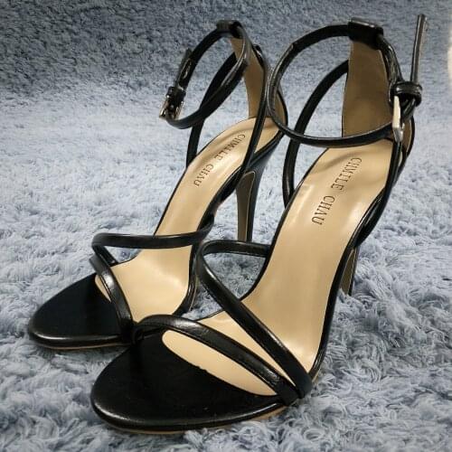 Sexy Black Leather Sandals High Heel Bridals Dress Party Women Sandal Summer Popular New Open Toe Ankle Strap Stiletto 10cm Heel