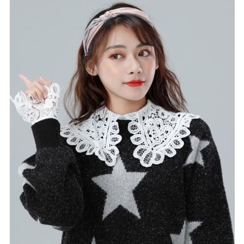 Women Large Lapel Fake Collar with Sleeve Lace Cuffs Wristband Set Hollow Out Lace Detachable Half Shirt Horn False Collar Cuffs
