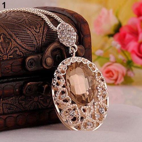 Fashion Oval Rhinestone Pendant Sweater Chain Necklace Jewelry for Women Party Champagne
