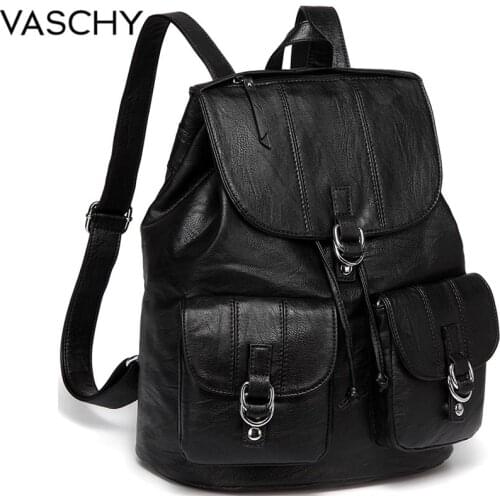 VASCHY Fashion Backpack Purse for Women Chic Drawstring School Bags with Two Front Pockets Soft Leather Backpack for College