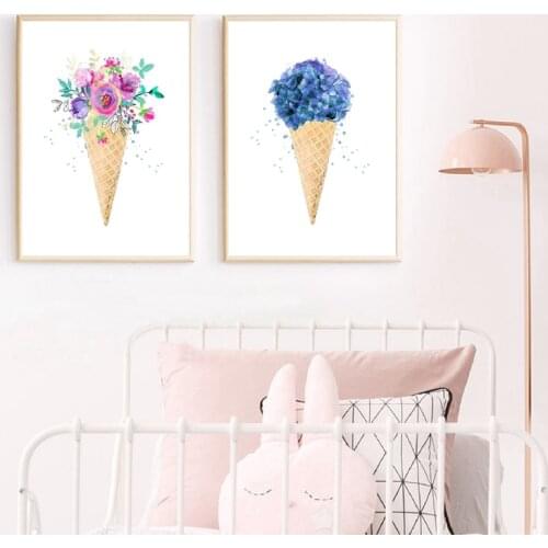 Ice Cream Cone Art Canvas Posters Painting Watercolor Blue Purple Bouquet Flower Summer Wall Picture Prints Baby Room Decor