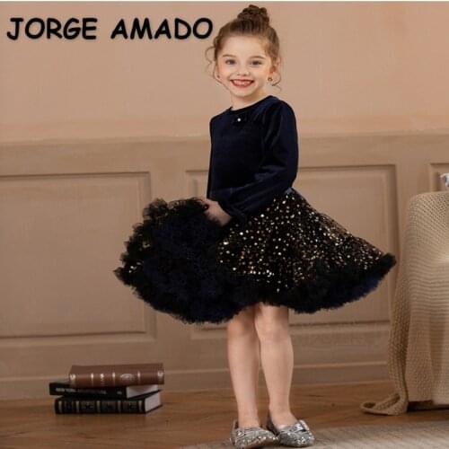 2021 Spring New Girl Dresses Long Sleeves Soild Color Velvet Top+ Tutu Starry Sky Sequins Princess for Kids E2009