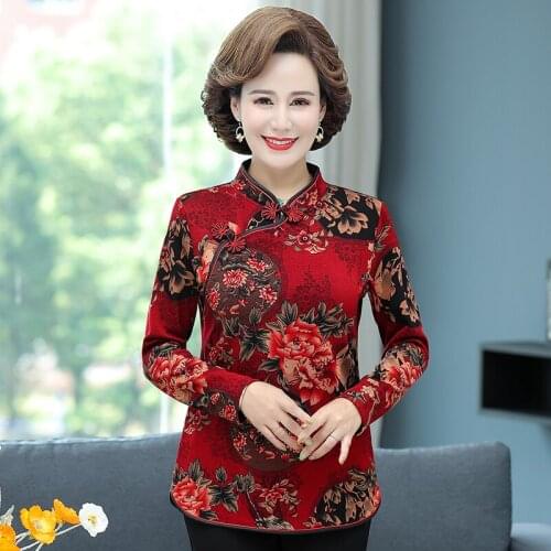 Middle aged mothers autumn clothes 2021 new long sleeve retro national style bottomed shirt cheongsam T-shirt womens top