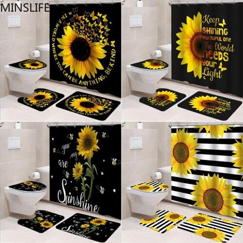 Sunflower Butterfly Printed Pattern 180x180cm Shower Curtains Pedestal Rug Lid Toilet Cover Mat Non-slip Bath Mat Set Bathroom