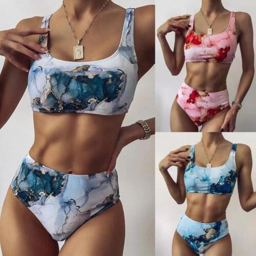Sexy Swimsuit Marble Printing Skin-friendly 3 Colors Women Bra Bikini Set Bandeau Bandage Bikini Set Push-Up Swimwear Beachwear
