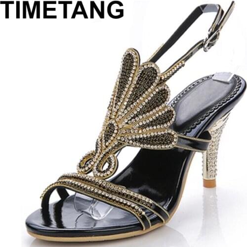TIMETANGBig Size Crystal Flowers High Heels Women Sexy Sandals New Arrival Fashion Real Leather Open Toe Summer Shoes E1075