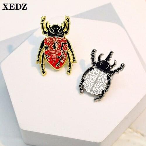 XEDZ Beetle Specimen Metal Brooch Heart Brain Organ Shell Custom Fashionbug Badge Black Coat Hip-hop Lapel Pin Jewelry For Men