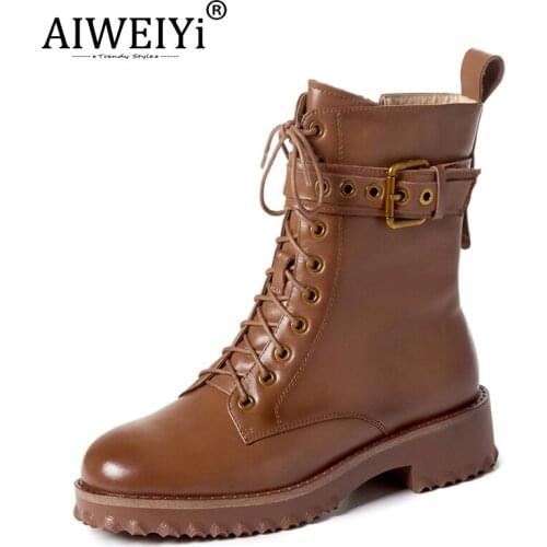 AIWEIYi Fashion Women Ankle Boots Cow Leather Lace Up Platform Genuine Leather Ladies Winter Boots Footwear