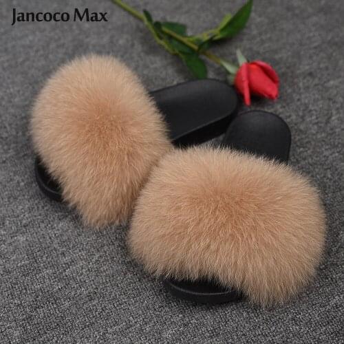 Lady Fur Slippers Fashion Fox Fur Slides Spring Summer Sandals Women Natural Fur Flip Flop Indoor S6018D