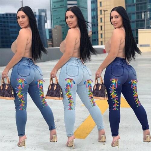 CHRONSTYLE Women Destroyed Jeans 2021 Back Lace-up Fashion High Waist Ripped Holes Split Pants Jeans Bodycon Clubwear Streetwear