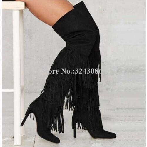 Lady Sexy Tassels Long Boots Fashion Pointed Toe Stiletto Heel Over the Knee Boots Women Large Size Banquet Shoes Dropship