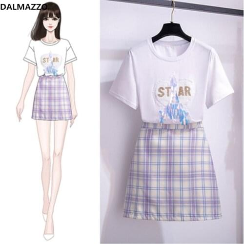 2020 New Arrival Womens Skirt Suits Clothes Fashion Print Sequins Short Sleeve T Shirt Tops + Plaid Mini Skirt 2 PCS Sets Mujer