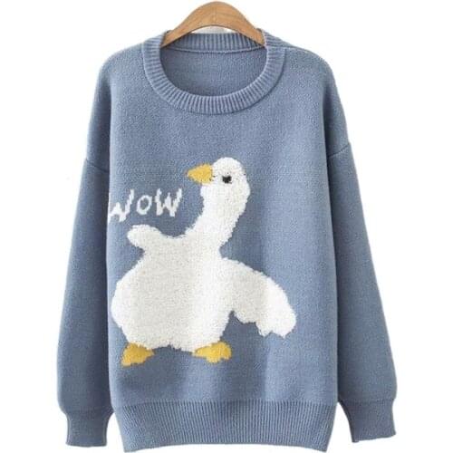 Korean Style Loose O-Neck Pullover Cartoon Jacquard Sweater Women Autumn Harajuku Knitted Sweet Sweaters 2011707