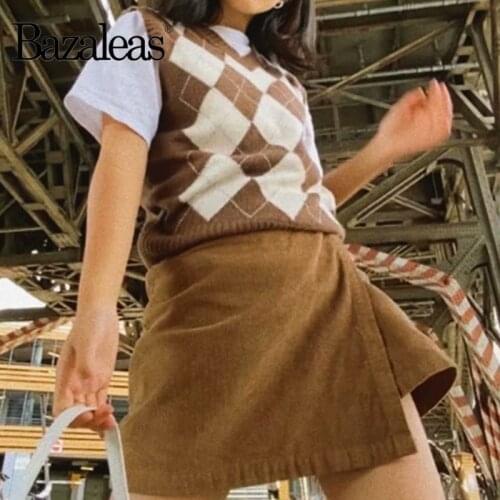 Bazaleas Vintage Patchwork Tank pull femme Plaid V Neck Sweaters Women Basic Tartan Brown Sleeveless Sweater