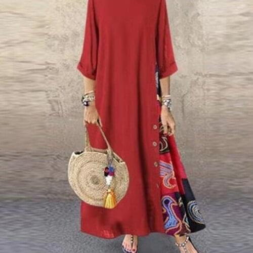 Vintage Loose Women Dress Casual On Neck Three Quarter Sleeves Dress Floral Print Patchwork Female Ankle Length Dress