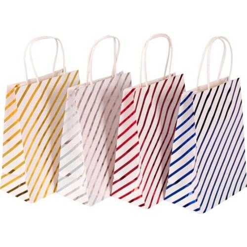 10 Pcs/lot Lovely Golden Red Blue Hot stamping Striped stars Paper Bags With Handle for wedding birthday party 21*15*8cm