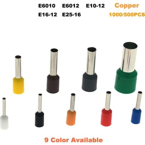 1000/500Pcs Copper Tube Insulated Cord End Crimp Terminals Electrical Wire Connector E6010~E25-16 Cable Ferrules VE 10-4AWG