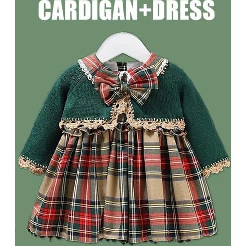 2pcs Kids Girls Plaid Dress And Sweater Cardigan Autumn Baby Dresses Birthday Party Toddler Frock Vintage Children Clothes Set
