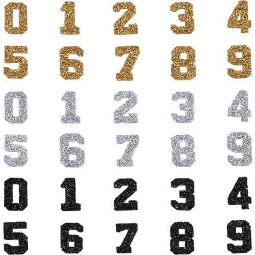 30pcs Glitter Hotfix Rhinestone Patches Number 0 to 9 Applique Patches Stickers for Clothes Accessories Black Goleden Crystal