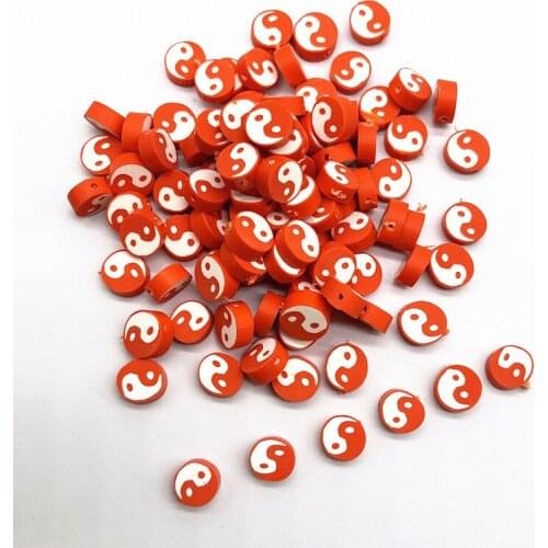 30pcs10mm Red Tai Chi Design Polymer Clay Spacer Loose Beads for Jewelry Making DIY Bracelet Accessories