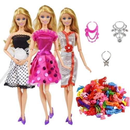 9 Item/Set Doll Accessories=3 Pcs Doll Clothes Dress + 3 Plastic Necklace + Random 3 Pairs Shoes for 12 Inch Doll Accessories