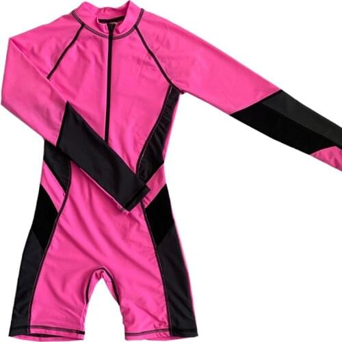 Quick-Dry Kids Girl Knee Swimsuit One-Piece Zipper UPF50+ Long Sleeve Rash Guard Patchwork Children Swimwear Little Girl Wetsuit