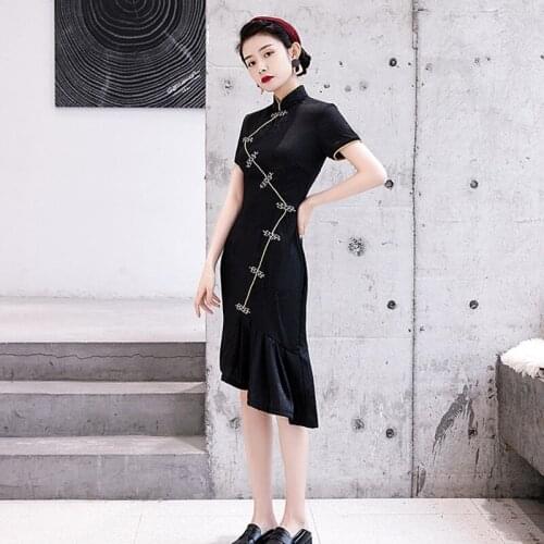 Black Oriental Dress Midi Cheongsam Chinese Traditional Dress Robe Vintage Femme Modern Dress Girls Chinese Dress Qipao 10295