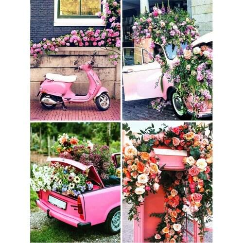 KAMY YI Flowers Roses Pink Car Landscape Diamond Painting Cross Stitch 5D Diy Full Diamond Embroidered Mosaic Home Decoration