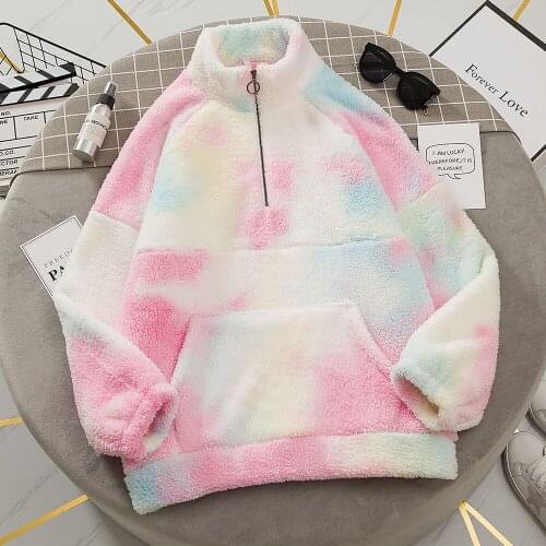 Kawaii Rainbow Tie Dye Sweatshirt Women Hoodies with Zipper Oversized Pullover Korean Sided Fleece Hoodie Streetwear Pocket Top