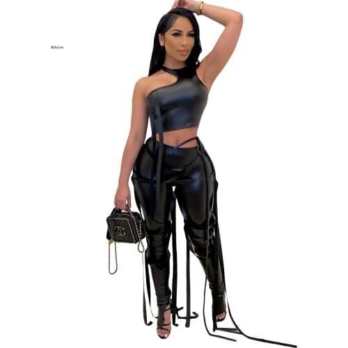 Sexy Women Two Piece Set Pu Leather Sleeveless One Shoulder Crop Top Bandage Sweatpants Outfits Women Night Club Sets New