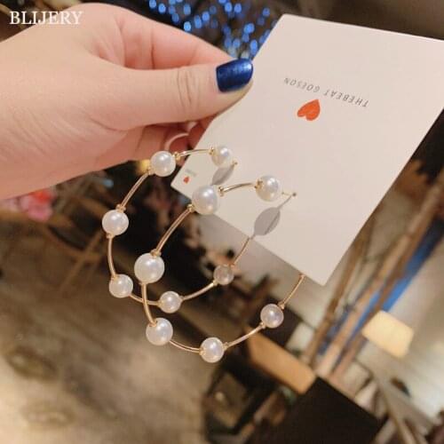 BLIJERY Trendy Gold Color Metal Pearl Round Circle Hoop Earrings for Women Big Statement Earings Boho Fashion Jewelry Brincos