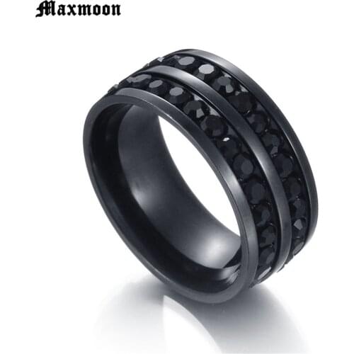 Maxmoon Black Crystal Rings For Women Two Rows Female Rings Trendy Stainless Steel Wedding Jewelry