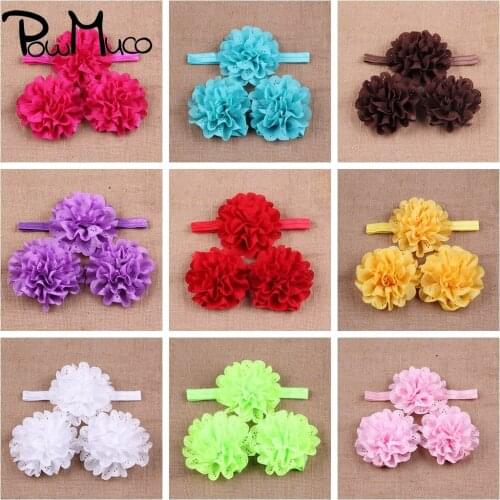 Powmuco Solid Color Handmade Mesh Flower Hairband and Barefoot Sandal Set Cute Floral Elastic Headband Newborn Photography Props