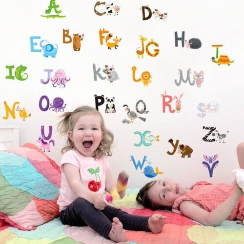 Cartoon Animals From A to Z English Letters Wall Stickers Kids Babies Room Wallpaper Poster Early Education Wall Applique Art