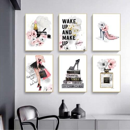 Wall Picture Modern Girl Room Home Decoration Lipstick Perfume High Heels Fashion Makeup Floral Print Canvas Art Painting