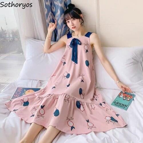 Nightgowns Women Low Neck Sleeveless Bow Loose Sleepshirts Womens Simple Cute Trendy Ruffles Printed Backless Nightwear Harajuku