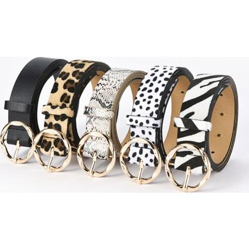 Fashion Leopard Women Belts Round Alloy Buckle PU Leather Female Waist Belt Snakeskin Cow Pattern Ladies Waistband for Jeans