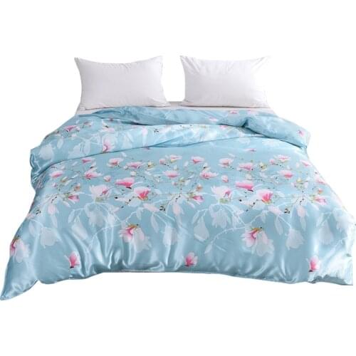 Luxury Flowers Printed Light Blue Satin Silk Duvet Cover Women Ice Silk Quilt Cover Comforter Blanket Case Twin Queen King Size