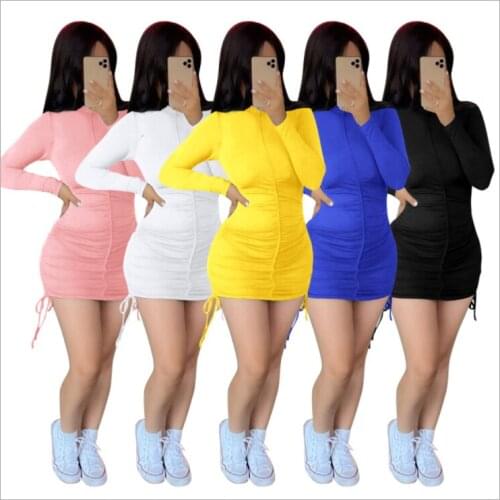 Sexy Drawstring Ruched Bodycon Mini Dress Women O Neck Long Sleeve Casual 2021 Fashion Autumn Yellow Party Wrap Dresses