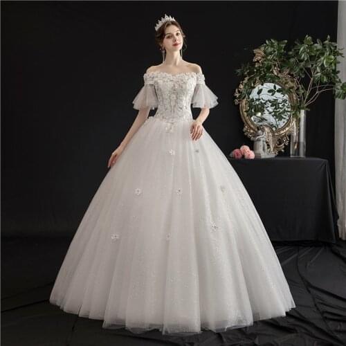 Wedding Dress 2021 New Elegnat Boat Neck Ball Gown Off The Shoulder Princess Bling Bling Vintage Lace Wedding Gowns H105