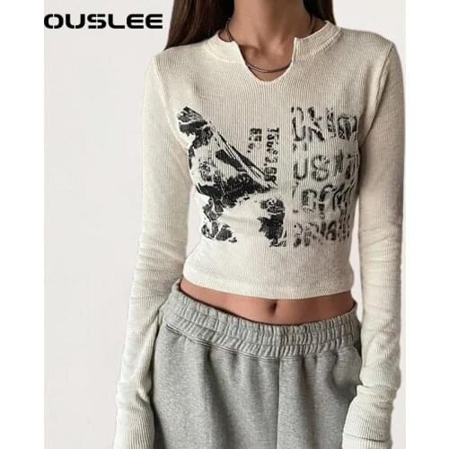 OUSLEE Y2K Vintage Letter Print Long Sleeve Slim Crop Top Women Sexy Slim Autumn T-Shirt Korean Style Chic Aesthetic Streetwear