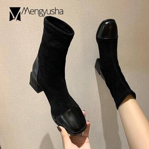 2020 Riding boots women patchwork flock&pu leather sock bottes female new square toe chunky high heels fashion botas woman shoes