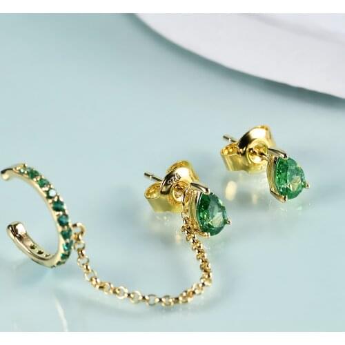 GEMS BEAUTY 14K Gold Filled Sterling Silver Gold Ear Cuff Dark Emerald CZ Long Chain Stud Earrings For Women Wedding Jewelry