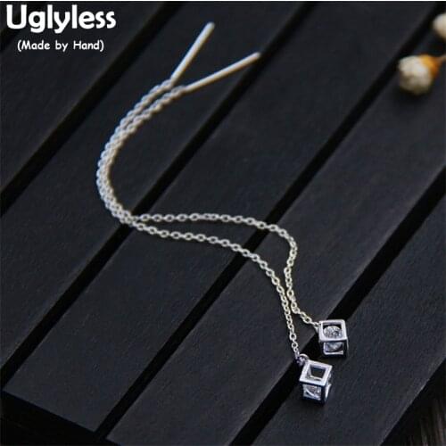 Uglyless S925 Sterling Silver Chains Tassel Earrings for Women Hollow Cube Crystals Dangle Earrings Long Ear Line Brincos Bijoux