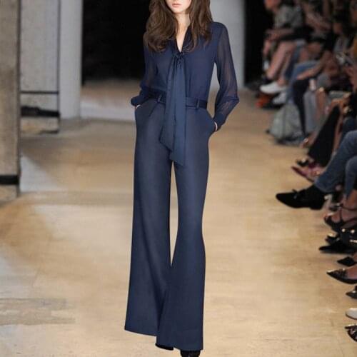 Runway New Dark Blue Long Sleeve Shirt + Wide Leg Pant Womens pant suit 210314LJ02
