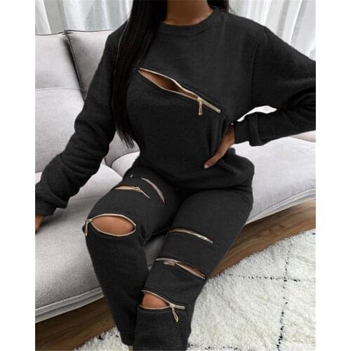 Autumn Tracksuit Women Two Piece Set Zipper Holes Long Sleeve Sweatshirt Top and Pants Sports Jogging Suit Female Matching Sets