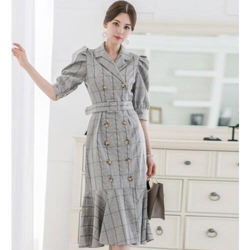 2021 Autumn OL Women Double-Breasted Notched Plaid Dress Female Fashion Belt Puff Sleeve Ruffled Fishtail Dress Vestidos