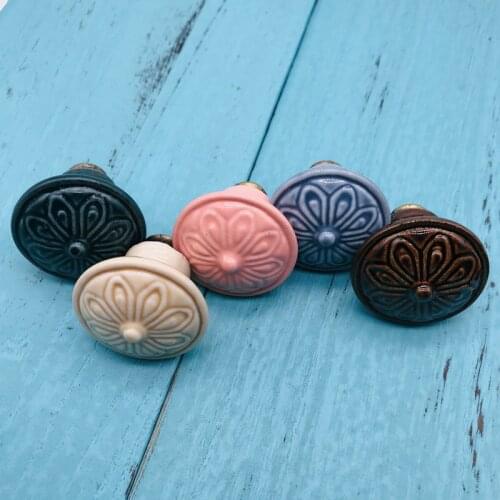 1x Retro Printed relief Ceramic Drawer Handles Kitchen Cupboard Cabinet Knobs Chest Pull Handle Multi-color choose